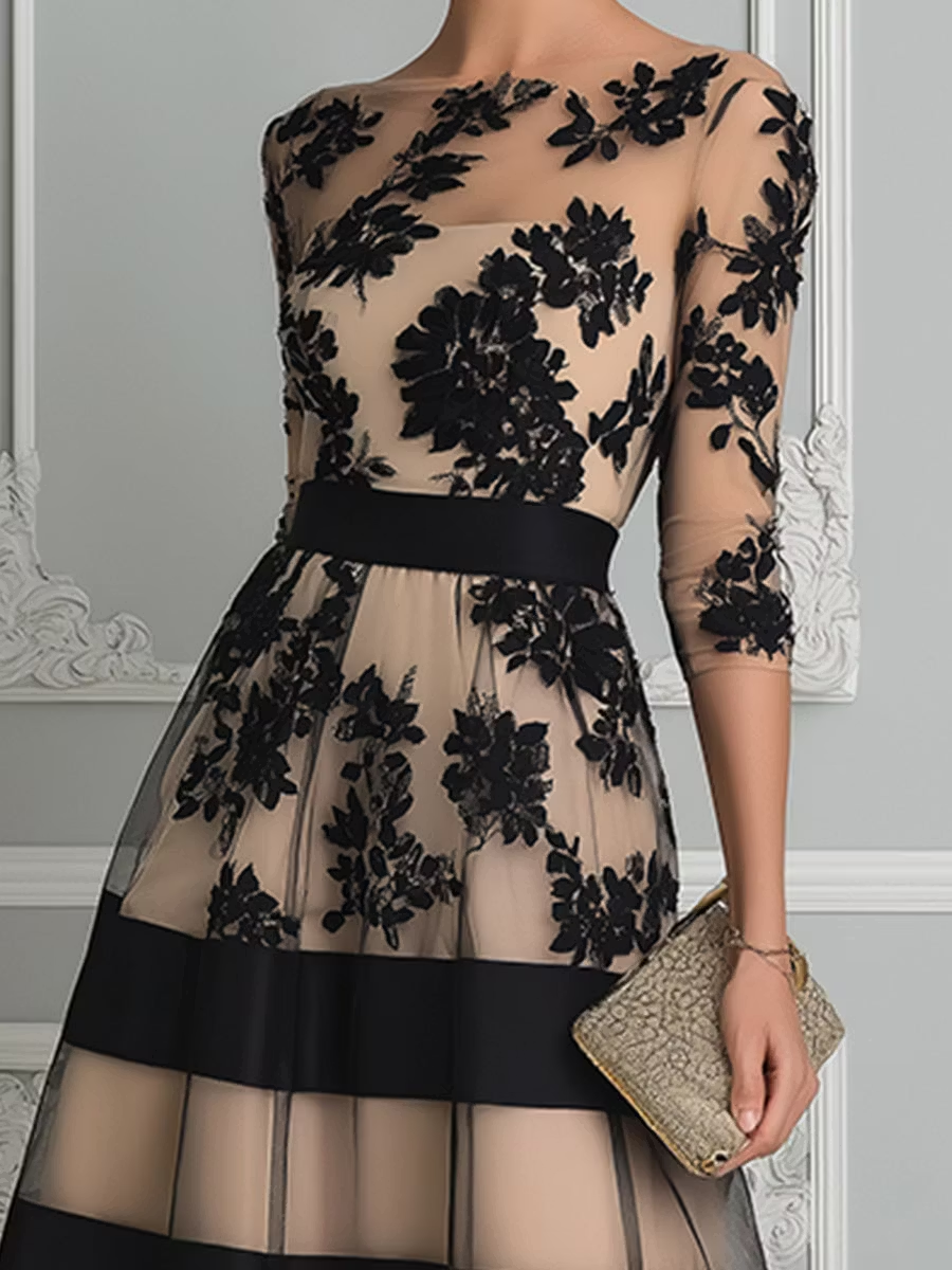 GINEVRA | Abito Midi Elegante in Pizzo Nero