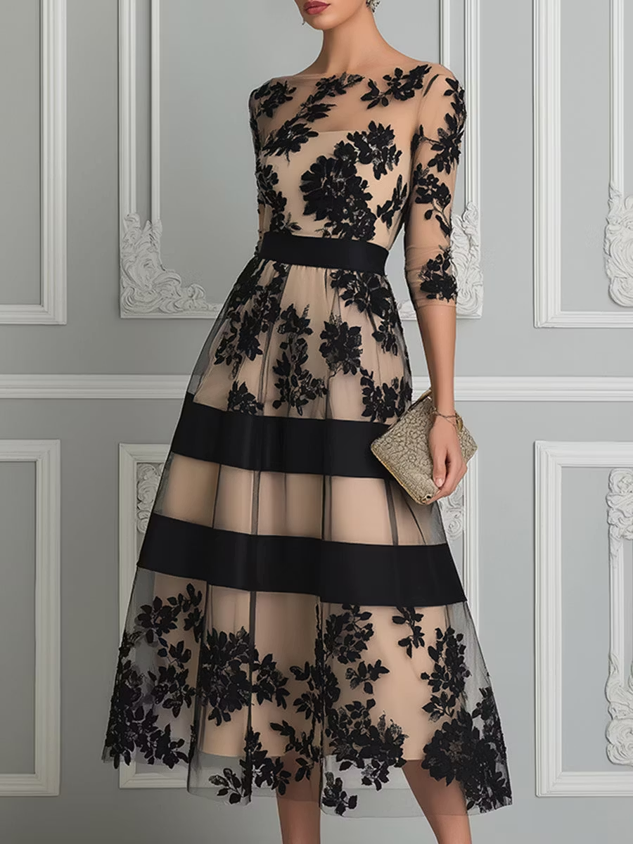 GINEVRA | Abito Midi Elegante in Pizzo Nero