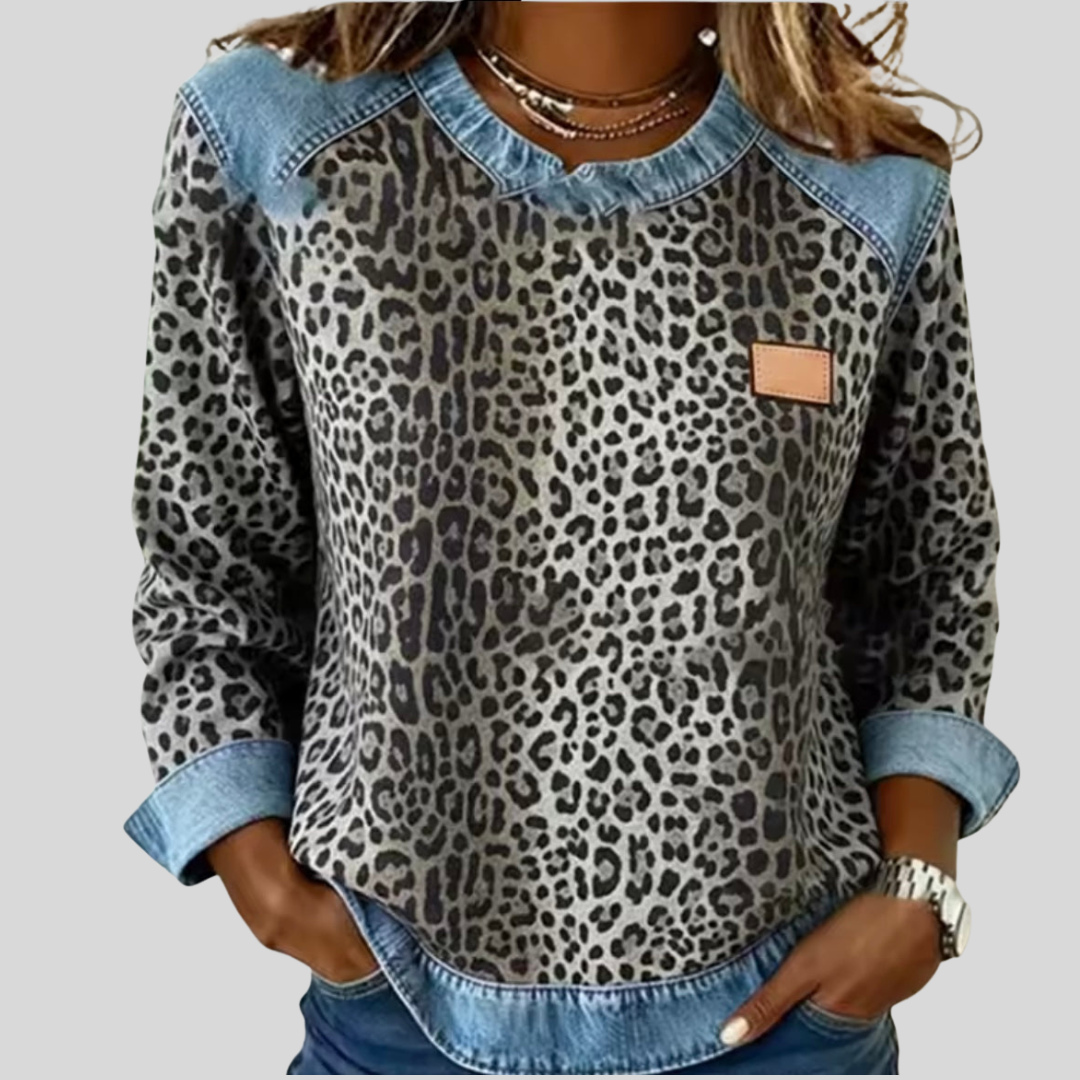 Bernarda | Maglia Animalier con Colletto in Denim