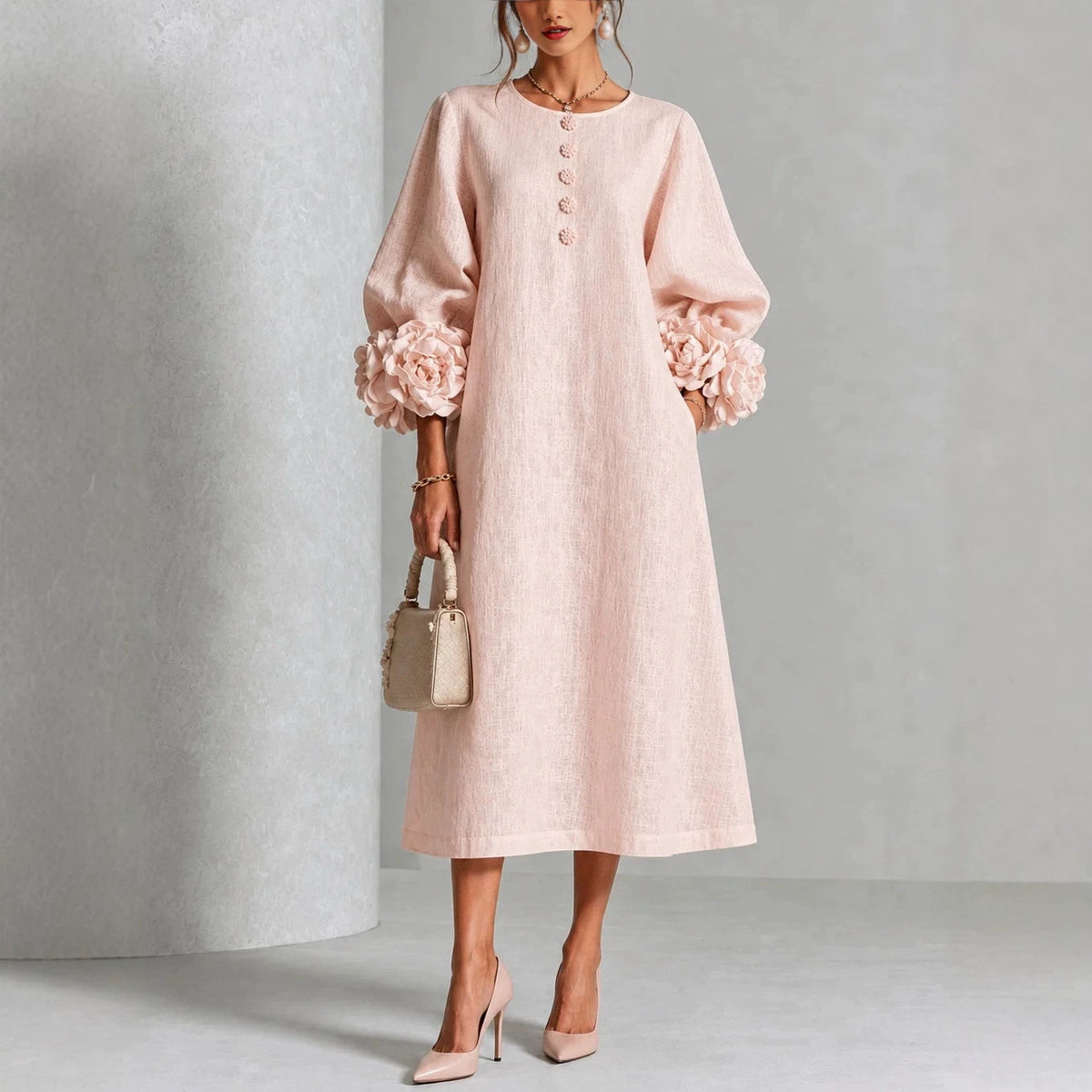 Rosalia | Abito Rosa con Maniche Floreali