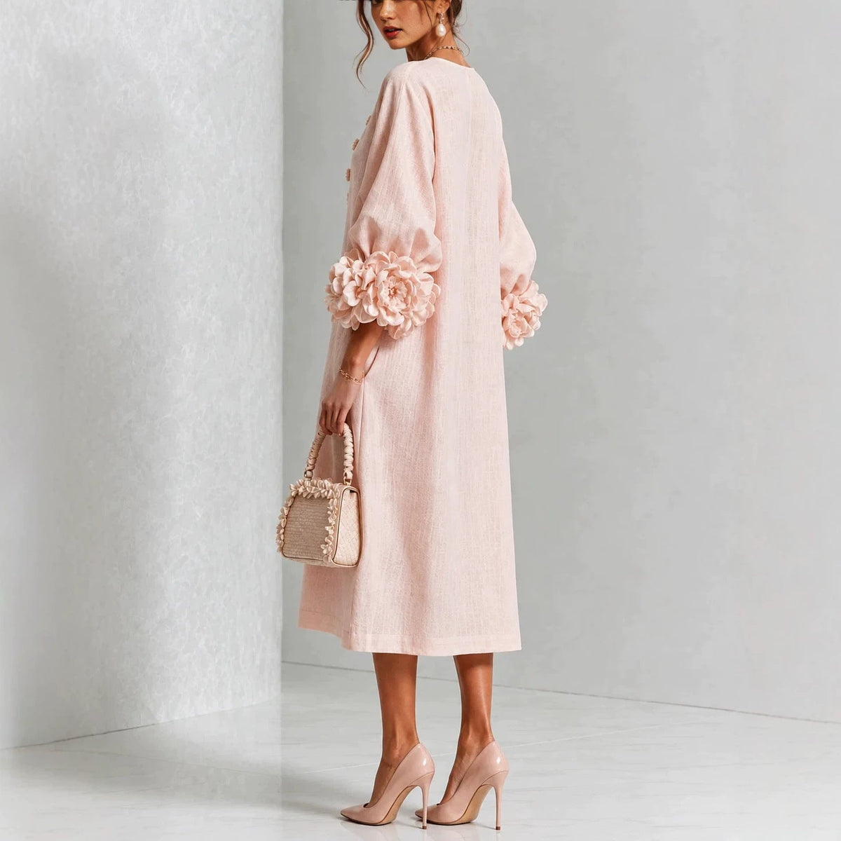 Rosalia | Abito Rosa con Maniche Floreali